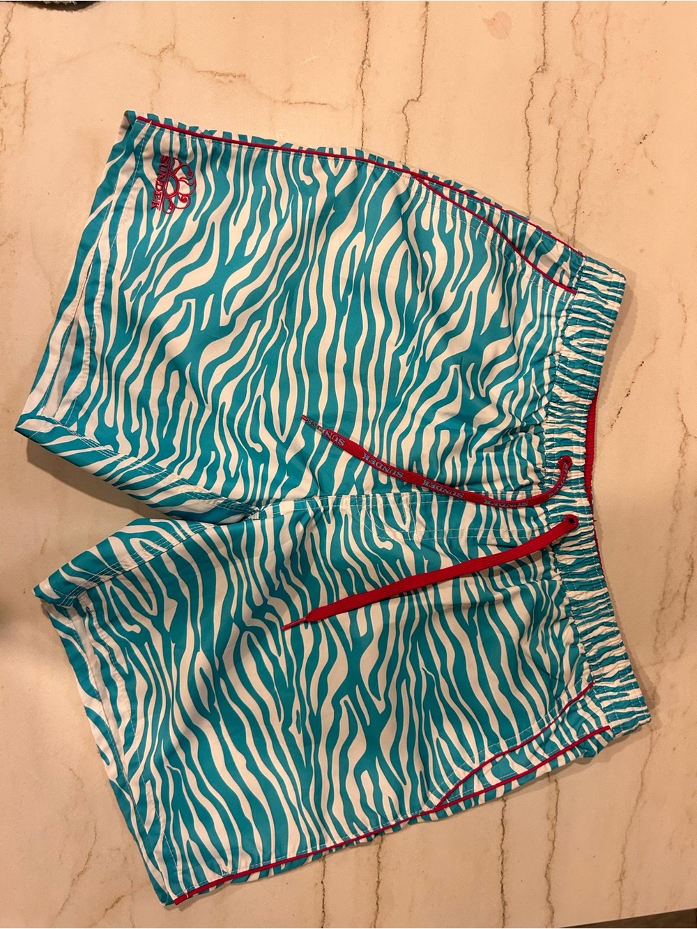 Sundek Turquoise Zebra Swim Shorts with Pink Trim
